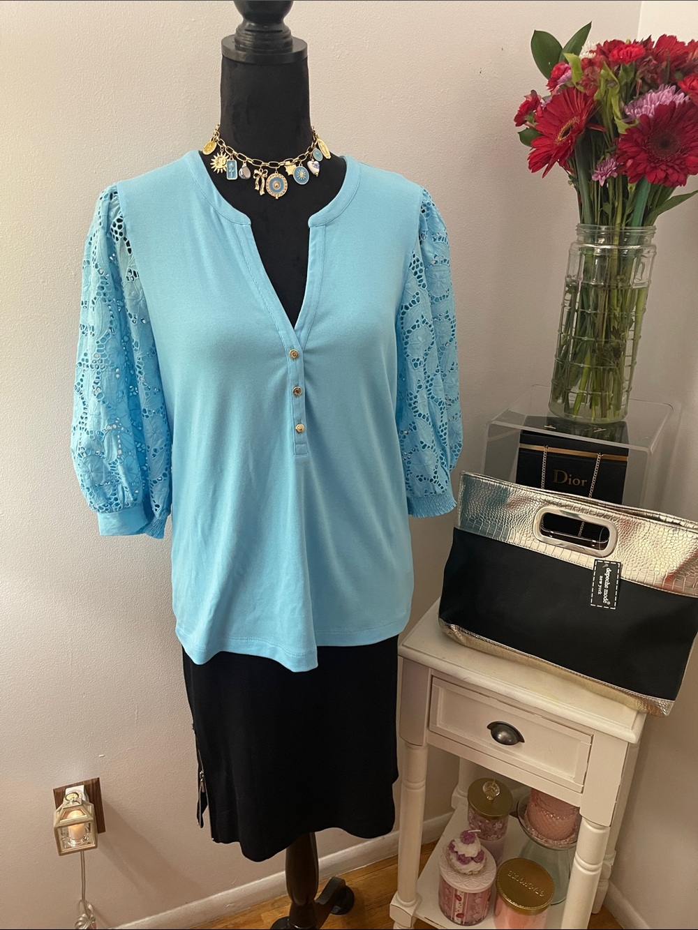 Lilly Pulitzer Sky Blue Eyelet Puff-Sleeve Henley